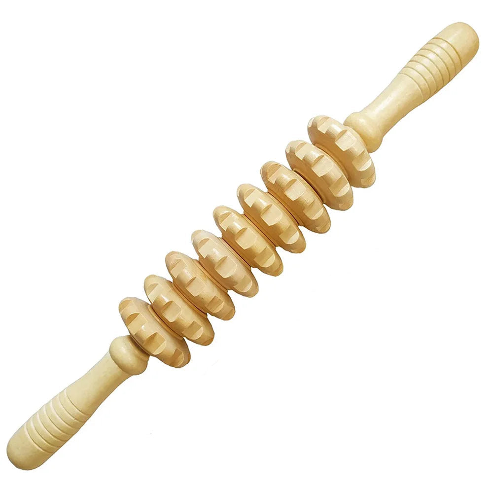 Rouleau de Massage Bois 9 Roues – Drainage Lymphatique & Modelage Naturel | EZENYA